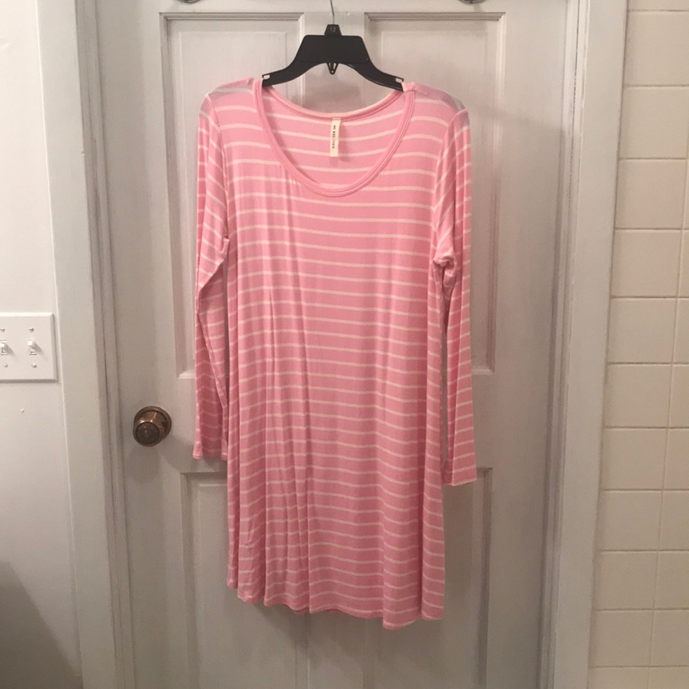 Pink & white striped, jersey-knit, midi dress
